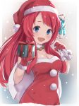  1girl ahoge alisia0812 blue_eyes bow breasts gift gift_bag gloves hat large_breasts long_hair minamoto_sakura open_mouth polka_dot polka_dot_bow red_hair santa_costume santa_hat smile snow solo zombie_land_saga 