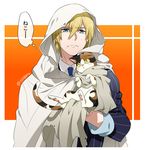  1boy animal aqua_eyes bad_id bad_pixiv_id blonde_hair blue_eyes blue_neckwear calico carrying cat cloak closed_mouth collared_shirt frown hair_between_eyes hood hood_up hooded_cloak long_sleeves looking_at_viewer male_focus necktie shared_clothes shirt sleeves_rolled_up solo sweat thought_bubble touken_ranbu translation_request twitter_username upper_body yamanbagiri_kunihiro 
