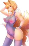  animal_ears arm_up blonde_hair breasts collarbone contrapposto covered_nipples dearmybrothers fox_ears fox_tail hand_on_hip highres large_breasts looking_at_viewer multiple_tails nipples open_mouth pose puffy_nipples purple_legwear purple_swimsuit see-through skindentation solo standing swimsuit tail thighhighs touhou yakumo_ran yellow_eyes 