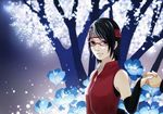  1girl artist_request black_hair boruto flower forehead_protector glasses hand_holding looking_at_viewer naruto night_sky shi_er_xian sleeveless smile solo solo_focus tree uchiha_sarada 