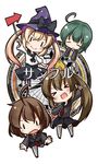  &gt;_&lt; blonde_hair blush brown_hair cha_(kantai_collection) chibi closed_eyes directional_arrow green_hair hat hiyoko_(kantai_collection) kantai_collection long_hair majokko_(kantai_collection) midori_(kantai_collection) multiple_girls open_mouth rashinban_musume short_hair simple_background skirt smile tobi_(nekomata_homara) white_background |_| 