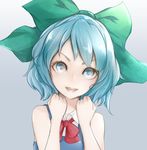  1girl :d ankh_(ankh_05) blue_eyes blue_hair bow cirno collared_shirt dress gradient gradient_background hair_bow happy lowres open_mouth red_ribbon ribbon shirt short_hair sleeveless sleeveless_shirt smile solo touhou upper_body 