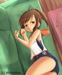  brown_eyes brown_hair couch i-401_(kantai_collection) kantai_collection lying school_swimsuit short_ponytail solo swimsuit swimsuit_under_clothes twitter_username yoshizawa_hikoto 