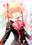  2015 ^_^ ^o^ ahoge blonde_hair bow character_name closed_eyes dated hair_ornament hair_ribbon happy_birthday kamikita_komari little_busters! pink_bow remotaro ribbon school_uniform short_hair solo star star_hair_ornament translation_request twintails upper_body 