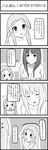  4koma blush breasts comic covering_nipples esuyuki greyscale hayashi_sachi highres k-on! large_breasts long_hair mole mole_under_eye monochrome multiple_girls translation_request 