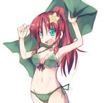  :d alternate_hairstyle bikini green_bikini green_eyes hair_ornament hong_meiling ichidai_taisa long_hair navel open_mouth ponytail red_hair smile solo star star_hair_ornament swimsuit touhou 