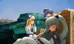  anchovy anzio_school_uniform beret blonde_hair blue_hair book bow brown_eyes cape carpaccio carro_armato_p40 caterpillar_tracks city closed_eyes crate drill_hair food fruit girls_und_panzer green_eyes green_hair ground_vehicle hair_bow hat long_hair looking_at_another military military_vehicle motor_vehicle multiple_girls necktie orange pantyhose pepperoni_(girls_und_panzer) school_uniform short_hair sitting sky sleeping sleeping_upright solokov_(okb-999) tank twin_drills white_legwear 