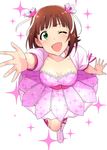  ;d amami_haruka bangs blunt_bangs breasts brown_hair cleavage collarbone dress flower foreshortening full_body green_eyes hair_flower hair_ornament happy_birthday highres idolmaster idolmaster_(classic) medium_breasts one_eye_closed open_mouth outstretched_arms pink_dress puffy_short_sleeves puffy_sleeves reaching_out short_sleeves simple_background smile solo sparkle standing standing_on_one_leg tsurui white_background 