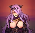  breasts breasts_outside camilla_(fire_emblem_if) fire_emblem fire_emblem_if large_breasts long_hair looking_at_viewer monorus nipples purple_eyes purple_hair smile solo strap 