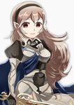  1girl armor breasts fire_emblem fire_emblem_if my_unit_(fire_emblem_if) nintendo pointy_ears red_eyes smile sword white_hair 