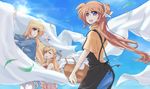  apron bad_id bad_pixiv_id clothesline cloud day fate_testarossa laundry laundry_basket lens_flare long_hair lyrical_nanoha mahou_shoujo_lyrical_nanoha_strikers mahou_shoujo_lyrical_nanoha_vivid multiple_girls side_ponytail takamachi_nanoha very_long_hair vivio yu_okam1 