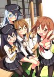  :d :o akatsuki_(kantai_collection) black_legwear blue_eyes blue_hair blush brown_eyes brown_hair fang hat hibiki_(kantai_collection) highres hug hug_from_behind ikazuchi_(kantai_collection) inazuma_(kantai_collection) kantai_collection kantoku_(style) kawai long_hair multiple_girls open_mouth pantyhose purple_eyes purple_hair school_uniform serafuku short_hair sitting smile v veranda 