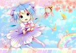  :d alternate_costume bird blue_eyes blue_hair bow bug butterfly cirno dress hair_bow ice ice_wings insect looking_at_viewer magic_circle open_mouth polearm puffy_short_sleeves puffy_sleeves rainbow shirt short_sleeves smile solo striped striped_dress tareme thighhighs touhou uta_(kuroneko) wand weapon white_legwear wings zettai_ryouiki 