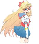  aino_minako bishoujo_senshi_sailor_moon blonde_hair blue_eyes blue_sailor_collar blue_skirt bow crescent facial_mark forehead_mark gloves hair_bow half_updo long_hair looking_back magical_girl mask mochimomomo pleated_skirt red_bow sailor_collar sailor_senshi_uniform sailor_shirt sailor_v shirt simple_background skirt smile solo white_background white_gloves 