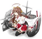  aoyashio_rin bare_shoulders black_footwear black_legwear boots brown_eyes brown_hair cosplay dazzle_paint detached_sleeves frilled_skirt frills full_body hairband haruna_(kantai_collection) haruna_(kantai_collection)_(cosplay) headgear highres kantai_collection kuma_(kantai_collection) long_hair nontraditional_miko pleated_skirt red_skirt ribbon-trimmed_sleeves ribbon_trim signature simple_background skirt solo squatting thigh_boots thighhighs white_background wide_sleeves zettai_ryouiki 