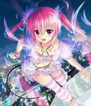  artist_request city_lights crop_top fang holographic_monitor leaning_forward long_hair midriff miniskirt nana_asta_deviluke navel official_art pink_eyes pink_hair skirt smile solo tail thighhighs to_love-ru to_love-ru_darkness:_idol_revolution twintails zettai_ryouiki 