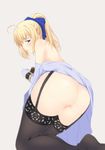  ahoge artoria_pendragon_(all) ass bad_id bad_pixiv_id bdsm black_legwear blonde_hair blush bondage bound bound_wrists fate/stay_night fate_(series) from_behind garter_straps green_eyes hair_ribbon inui_sanagi long_legs looking_at_viewer looking_back no_panties no_shoes parted_lips ponytail ribbon saber simple_background solo sweat thighhighs 