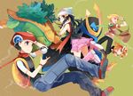  2boys adjusting_hair backpack bag beanie black_hair blonde_hair boots bracelet chimchar empoleon gen_4_pokemon green_scarf grotle hair_ornament hairclip hat hikari_(pokemon) huan_li jewelry jun_(pokemon) kouki_(pokemon) miniskirt multiple_boys pink_skirt poke_ball pokemon pokemon_(creature) pokemon_(game) pokemon_dppt poketch red_scarf scarf shirt short_sleeves shoulder_bag skirt sleeveless striped striped_shirt watch wristwatch 