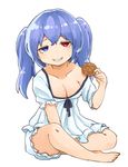  bare_legs bloomers blue_eyes blue_hair breasts cleavage collarbone grin heterochromia indian_style long_hair looking_at_viewer md5_mismatch medium_breasts mootor pajamas red_eyes short_sleeves simple_background sitting smile solo tokyo_ghoul tokyo_ghoul:re twintails underwear white_background yonebayashi_saiko 