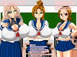  3girls artist_kaiman blue_skirt breasts cleavage collarbone huge_breasts miniskirt multiple_girls pleated_skirt school_uniform shirt skirt sleeveless sleeveless_shirt tight white_shirt 