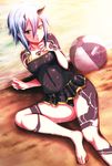  ball barefoot beachball blush breasts collarbone harukaze_bou heterochromia highres horns io_(pso2) looking_at_viewer open_mouth phantasy_star phantasy_star_online_2 short_hair small_breasts solo swimsuit tattoo wet wet_clothes wet_swimsuit 