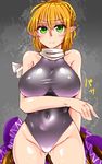  alternate_costume ass_visible_through_thighs bare_shoulders black_swimsuit blonde_hair blush breasts covered_navel green_eyes highres large_breasts looking_at_viewer mizuhashi_parsee one-piece_swimsuit pointy_ears roki_(hirokix) scarf short_hair sketch solo swimsuit touhou 
