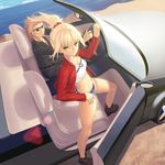  1girl bad_id bad_pixiv_id bandeau belt blonde_hair breasts brown_hair car cleavage cutoffs denim denim_shorts facial_hair fate/apocrypha fate_(series) goatee green_eyes grin ground_vehicle jacket long_hair looking_at_viewer midriff mordred_(fate) mordred_(fate)_(all) motor_vehicle navel ponytail shishigou_kairi short_shorts shorts small_breasts smile sunglasses tsukikanade 