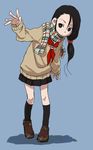  black_eyes black_hair black_legwear blue_background full_body highres kneehighs loafers miniskirt original plaid plaid_scarf scarf school_uniform serafuku shoes side_ponytail simple_background skirt solo yamamoto_souichirou 