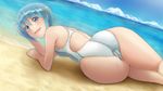  ass beach blue_eyes blue_hair competition_swimsuit day from_behind giri_tanpo highres lying mahou_shoujo_madoka_magica miki_sayaka on_side one-piece_swimsuit short_hair solo swimsuit 