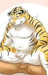  2015 anal anal_penetration anthro balls big_belly blush cum dripping duo erection feline fur humanoid_penis male male/male mammal navel nipples nissei_(artist) nude on_top penetration penis reverse_cowgirl_position sex smile spreading stripes tiger uncut unknown_species white_fur yellow_fur 