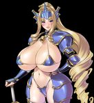  1girl armor bell bikini bikini_armor blonde_hair blue_eyes braid breasts curvy drill_hair g.j? gigantic_breasts hand_on_hip hyakki_yakou hyakki_yakou_(game) knight long_hair navel sano_toshihide swimsuit sword very_long_hair wide_hips 