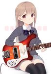  bad_id bad_pixiv_id bass_guitar black_legwear blush bow breasts brown_hair half_updo instrument large_breasts long_hair long_sleeves looking_at_viewer nekoume original red_eyes rickenbacker school_uniform simple_background sitting skirt smile solo sweater thighhighs white_background zettai_ryouiki 