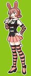  animal_ears arm_warmers bare_shoulders black_eyes buck_teeth bunny bunny_ears full_body green_background holding hunter_x_hunter kunikichi microphone miniskirt open_mouth outline pink_hair piyon_(hunter_x_hunter) pleated_skirt short_hair skindentation skirt solo standing striped striped_legwear thighhighs zettai_ryouiki 