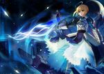  ahoge armor armored_dress artoria_pendragon_(all) blonde_hair braid city fate/stay_night fate_(series) gauntlets green_eyes highres invisible_air moon night ruins saber solo standing tsubasa19900920 