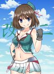 absurdres black_gloves blue_eyes brown_hair gloves grin hat highres kantai_collection maya_(kantai_collection) midriff remodel_(kantai_collection) short_hair smile solo yosshy815 