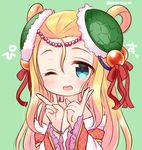  ;d beads blonde_hair blue_eyes blush circlet green_background hair_bobbles hair_ornament hair_ribbon hair_rings hair_strand long_hair marshmallow_mille meimei_(p&amp;d) one_eye_closed open_mouth puzzle_&amp;_dragons ribbon simple_background smile solo turtle_shell twitter_username upper_body 