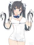  bad_id bad_pixiv_id black_hair blue_eyes blue_ribbon blush bow breasts cleavage cleavage_cutout covered_navel dress dungeon_ni_deai_wo_motomeru_no_wa_machigatteiru_darou_ka gloves hair_ornament hestia_(danmachi) holding holding_hair large_breasts long_hair looking_at_viewer nekoume open_mouth rei_no_himo ribbon short_dress simple_background solo twintails white_background white_dress white_gloves 
