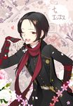  cherry_blossoms deilrimix forehead kashuu_kiyomitsu long_hair male_focus mole mole_under_mouth nail_polish one_eye_closed ponytail red_eyes red_nails red_scarf scarf solo touken_ranbu translation_request 