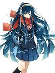  aqua_eyes bad_id bad_pixiv_id black_hair blue_skirt bow egyptian hair_tubes headphones isis_(p&amp;d) kanade_(elderberry1208) long_hair long_sleeves open_mouth pleated_skirt puzzle_&amp;_dragons scarf school_uniform skirt snowflakes solo very_long_hair 