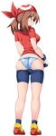  ass bad_id bad_pixiv_id bandana bike_shorts bike_shorts_pull blue_eyes blue_panties blush breasts brown_hair covered_nipples endou_masatoshi from_behind full_body gloves haruka_(pokemon) heart heart_panties heart_print highres medium_breasts panties pokemon pokemon_(game) pokemon_rse print_panties shoes sneakers solo standing two_side_up underwear 