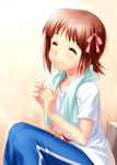  amami_haruka brown_hair closed_eyes hair_ribbon idolmaster idolmaster_(classic) pants ribbon short_hair smile solo towel track_pants zen 