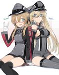  anchor_hair_ornament back-to-back bare_shoulders bespectacled bismarck_(kantai_collection) blonde_hair blue_eyes breasts brown_gloves detached_sleeves german glasses gloves hair_ornament hat hayashi_kewi kantai_collection long_hair md5_mismatch medium_breasts military military_uniform multiple_girls one_eye_closed open_mouth peaked_cap prinz_eugen_(kantai_collection) salute sitting smile thighhighs twintails uniform vulcan_salute white_gloves 