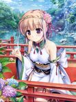  absurdres bekkankou breasts brown_hair crown detached_sleeves flower hair_flower hair_ornament highres huge_filesize hydrangea kneeling lake medium_breasts purple_eyes scan sen_no_hatou_tsukisome_no_kouki short_hair smile snail solo tokita_kanami water waterfall 