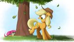  2015 applejack_(mlp) blonde_hair bucket cowboy_hat equine female freckles friendship_is_magic fruit green_eyes hair hat horse mammal multicolored_hair my_little_pony ncmares outside paint pear pink_hair pinkie_pie_(mlp) pony ponytail prank rainbow_dash_(mlp) rainbow_hair shocked tree trte 