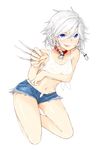  alternate_costume bare_shoulders blue_eyes braid collar colored_eyelashes crop_top cutoffs denim denim_shorts embarrassed highres izayoi_sakuya looking_at_viewer midriff navel open_fly parted_lips pointing pointing_at_viewer saple shiny shiny_skin shirt short_hair short_shorts shorts silver_hair smile solo tied_shirt touhou twin_braids unzipped wavy_mouth 