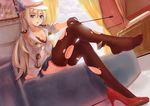  bed blonde_hair blue_eyes bra breasts brown_bra brown_gloves brown_legwear cleavage couch curtains gloves hat high_heels highres large_breasts lexington_(zhan_jian_shao_nyu) long_hair magician_(china) mecha_musume miniskirt open_mouth personification shirt shoes single_shoe sitting skirt solo thighhighs torn_clothes torn_legwear underwear very_long_hair whip window zhan_jian_shao_nyu 