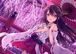  black_hair brown_eyes dutch_angle hairband haruna_(kantai_collection) japanese_clothes kantai_collection long_hair nontraditional_miko oriental_umbrella ribbon-trimmed_sleeves ribbon_trim shugao skirt smile umbrella 