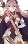  armor aya_(8819062) cape female_my_unit_(fire_emblem_if) fire_emblem fire_emblem_if hair_between_eyes hair_ornament hairband long_hair looking_at_viewer my_unit_(fire_emblem_if) red_eyes smile solo sword weapon 