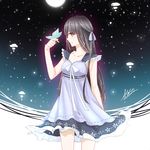  atatos black_hair blue_dress blue_eyes bug butterfly collarbone dress insect long_hair night night_sky original ribbon see-through sky solo 