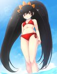  ashley_(warioware) bad_id bad_pixiv_id big_hair bikini black_hair blush breasts cleavage hairband komimiyako lens_flare long_hair navel orange_hairband red_eyes side-tie_bikini small_breasts solo swimsuit twintails very_long_hair wading warioware 